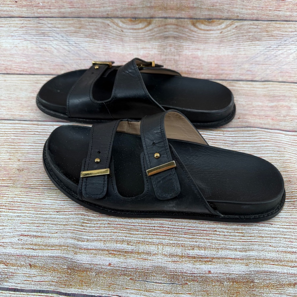 Cole Haan Marisol Footbed Sandals Black Leather Gold Buckle Slides‎ W31882 W 10 - Picture 2 of 8
